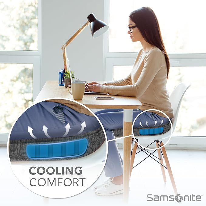Samsonite Gel Infused Seat Cushion – Ergonomic Cushion for Office Chair, Tailbone Pressure Pad, Coccyx Support for Sciatica, Memory Foam Seat for Car, Desk, or Gaming Chair Use, Grey
