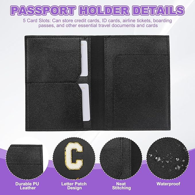 PATIKIL Passport Holder for Travel, Initial Passport Cover and Luggage Tag Set with Alphabet Chenille Letter Patch Travel Wallet Bag Suitcase Identifier for Women Family Travel Black C