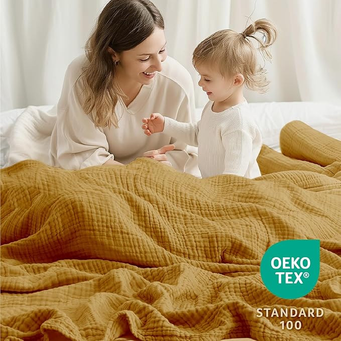 100% Cotton Muslin Blanket Twin 66" x 90", 6 Layers Breathable and Lightweight Cotton Blankets for Couch, Soft Cooling Summer Gauze Blanket for Adults All Season, Mustard