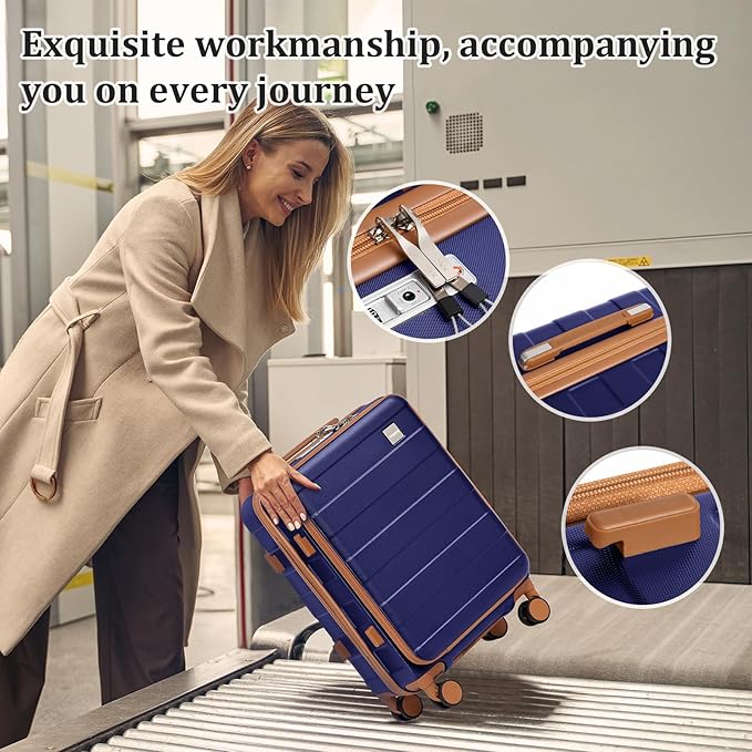imiomo Carry on Luggage Airline Approved with Front Pocket and USB Port, Hard Shell 20 Inch Travel Carry-on Suitcase with Spinner Wheels and TSA Lock, Navy Brown