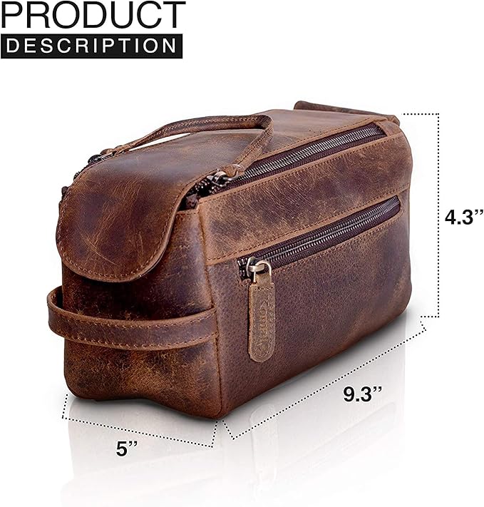 KomalC Premium Buffalo Leather Toiletry Bag for Men & Women With Water resistant Lining, Grooming Travel Pouch, Unisex Wash Bag for Toiletries, Gifts for Men and Women