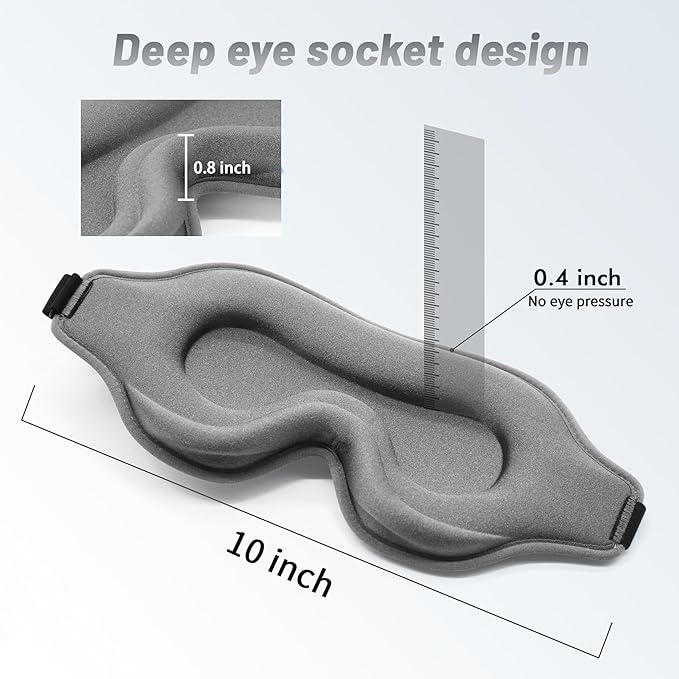 Sleep Eye Mask for Men Women, Sleeping Mask for Side Sleeper, Travel Blackout Night Blindfold Eye Shade Cover with Adjustable Strap (Grey-3D)
