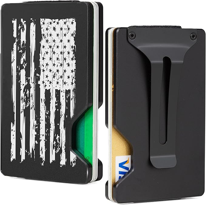 Carbon Fiber Minimalist Wallet for Men Credit Card Holder Money Clip & Cash Strap Slim RFID Mens Wallets(Patriot-Black Flag)