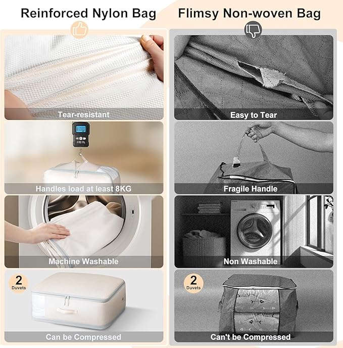 DIMJ Comforter Storage Bag - Large Capacity Ultra Space Saving Self Compression Organize for Duvet, Pillow, Bedding, Blanket Storage Organizer Nylon Compression Bags, Beige, 4 Pack