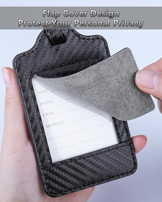 3 Pack Luggage Tags - Quick Install, Privacy Protection, Airplane Travel Essentials for Suitcases, Durable Leather - Carbon Fiber Black