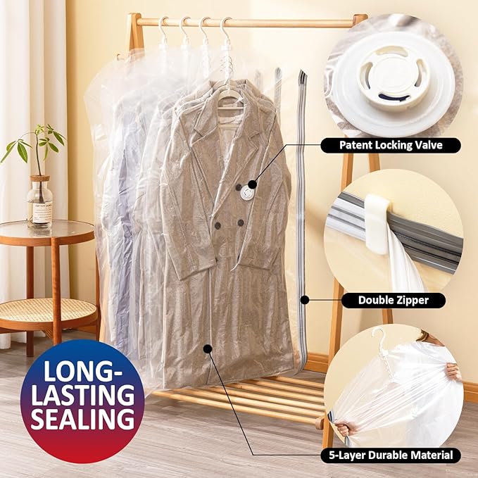 Hanging Vacuum Storage Bags, 6 Pack Hanging Storage Bags for Clothes With Electric Pump, Vacuum Sealed for Suits, Dress, Jackets (6 Long)