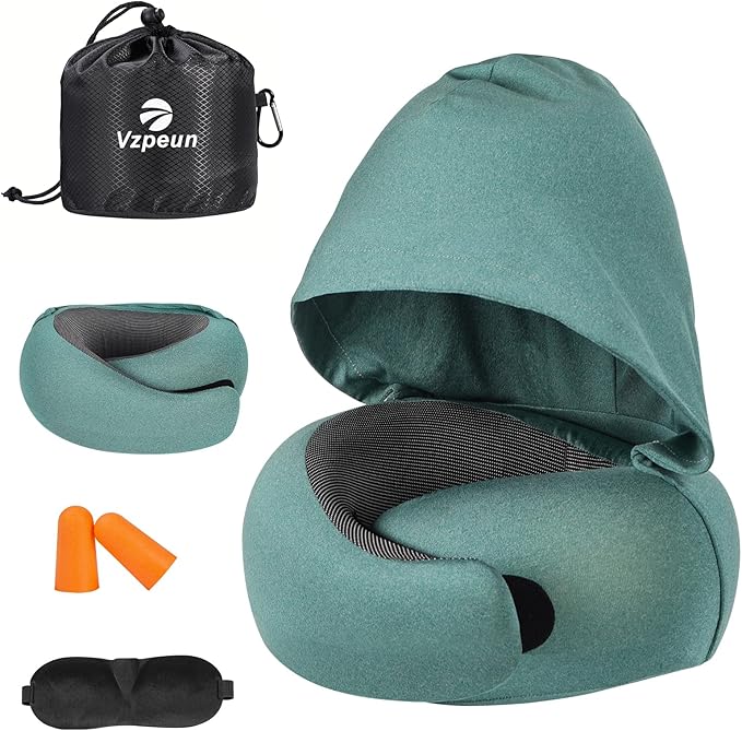 Travel Pillow - Hooded Neck Pillow Airplane Memory Foam Filling for Plane, Office, Cars Sleeping, Road Trip, Long Flights, Portable Plane Accessories, Includes Eye Mask & Earplugs (Green)