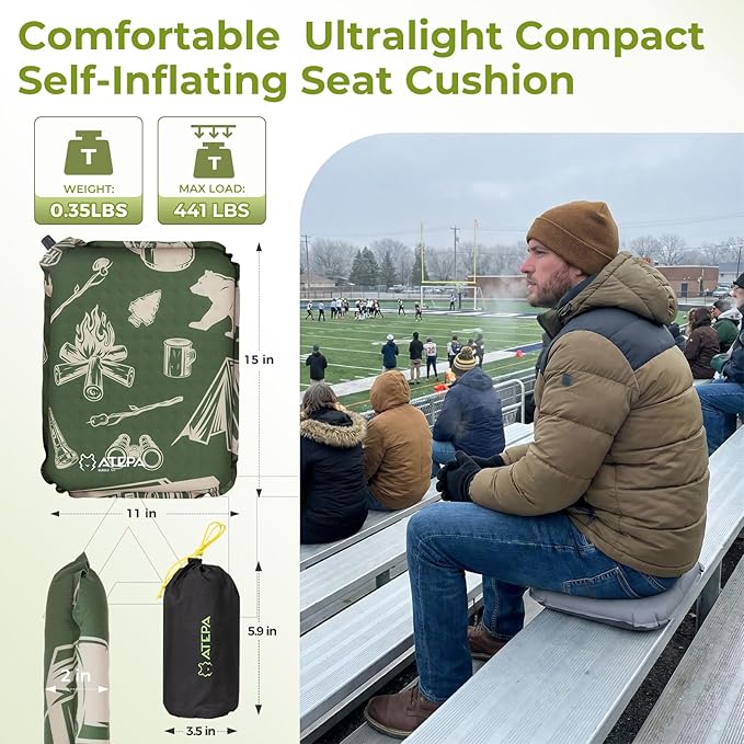ATEPA Inflatable Seat Cushion, Self-Inflating Portable Stadium Airplane Travel Foam Cushion Pad for Camping, Sports Events, Outdoor
