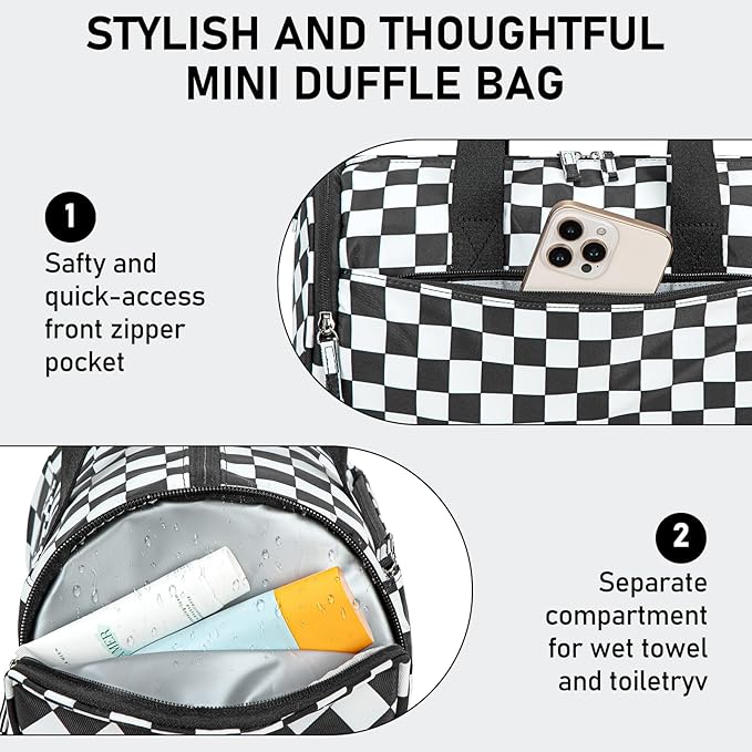 Mini Gym Bag for Women Girls Cute Small Duffle Bag 12'' with Multifunctional Pockets Workout Sport Bags Dance,Fitness,Yoga (Balck-white checkered)