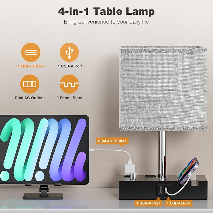Kakanuo Grey Bedside Table Lamps Set of 2 - Dimmable, USB C+A, 2 AC Outlets | Dimming By Rotary Knob, USB C+A Ports, 2 Phone Stands, LED Bulbs Included, Rectangle Grey Lampshade, for Living Room, Desk