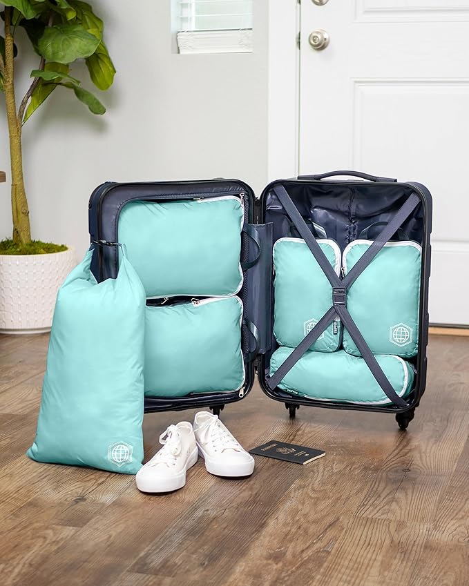Compression Packing Cubes 6 Piece Set for Carryon Suitcases- Lightweight, Durable Clothes Organizer (Dusty Teal and White)