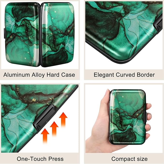 ELFISH Mini RFID Aluminum Wallet Credit Cards Holder Business Card Case Metal ID Case for Men Women (Greenblack Marble)