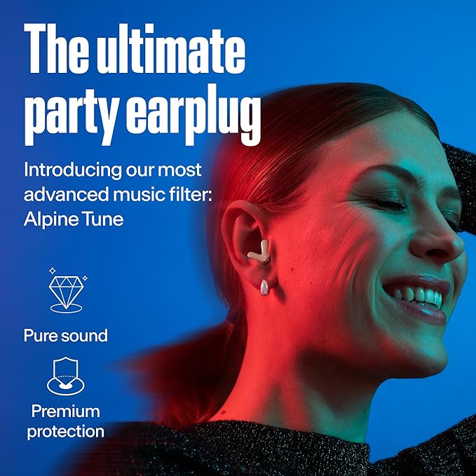 Alpine Tune Earplugs, Concert Ear Plugs for Noise Reduction, High Fidelity Music Quality, 19dB Hearing Protection with Crystal Clear Sound, Incl. 4 Sizes, Parties, Raves, Festivals & Clubs, Rose Gold
