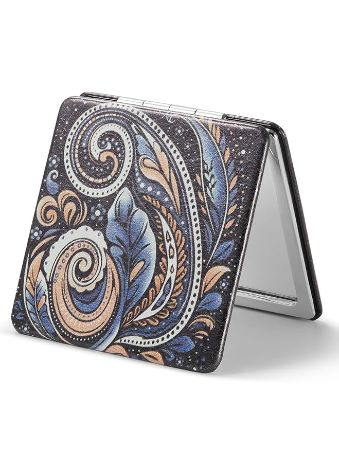 OMIRO Compact Mirror, Unique Painting PU Leather 1X/3X Magnification, Ultra Portable for Purses(Paisley)