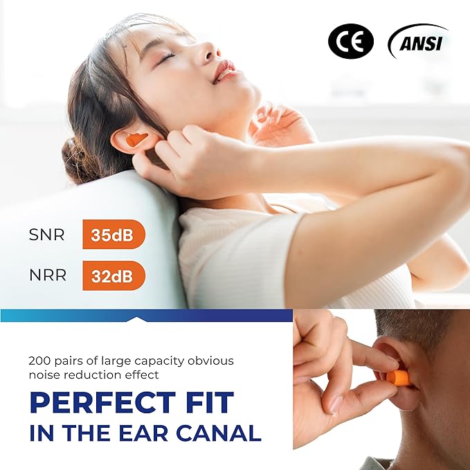 ATERET Earplugs 200 Pairs I 32db Noise Cancelling Soft Disposable Ear Plugs I Safety Hearing Protection for Travel Concert Hunting Shooting Range Work Construction