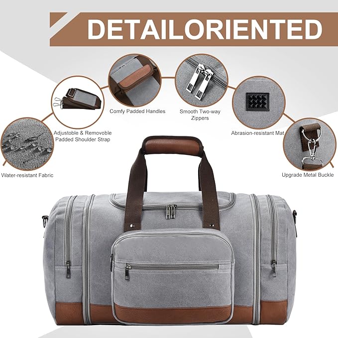 Litvyak Duffle Bag for Travel, 50L Canvas Travel Duffel Bags Overnight Weekend Gym Carry On Luggage Bag for Men & Women(Grey+Toiletry Bag)