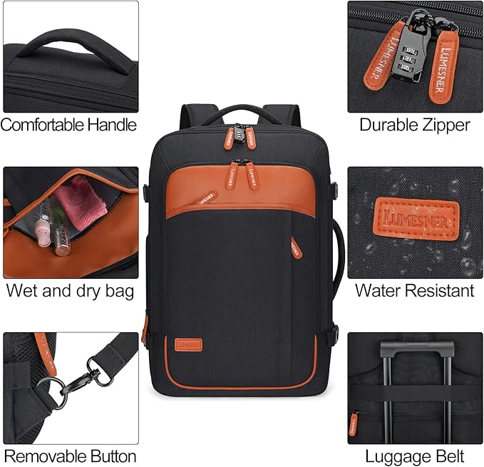 Lumesner Carry on Travel Backpacks, Extra Large 40L Flight Approved Bag for Men & Women,Expandable Suitcase Backpack With 4 Packing Cubes,Water Resistant Luggage Daypack Business Weekender Bag, Black
