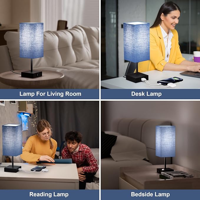 Bedside Table Lamp for Bedroom with 2USB Ports, 14-Inch, NavyBlue | USB A+C Ports, Touch 3-Way Dimmable LED Bulb Included Fabric Lampshade Metal Base Small Nightstand Lamp for Desk Living Room