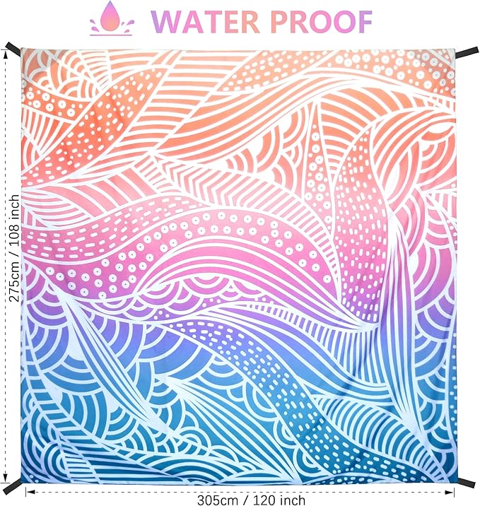 Beach Blanket Sandproof Extra Large Beach Mat Adults Waterproof Quick Drying Sand Free Mat Made by Premium Polyester with 4 Stakes & 4 Corner Pockets for Outdoor Travel Camping Hiking