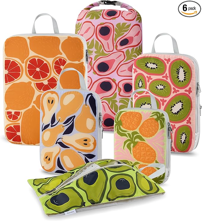 Gonex Compression Packing Cubes, 6pcs Expandable Storage Travel Luggage Bags Organizers with Shoe Bag Laundry Bag, Travel Cubes for Suitcase Carry On (Fruit)