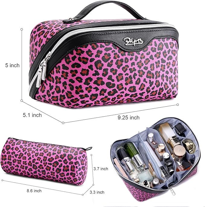 BOYATU Travel Makeup Bags Cosmetic Organizer Bag: 3 Pcs Set Large Capacity Make up Bag with Compartments - Waterproof Leather Toiletry Bags with Handle for Women (B-Red)
