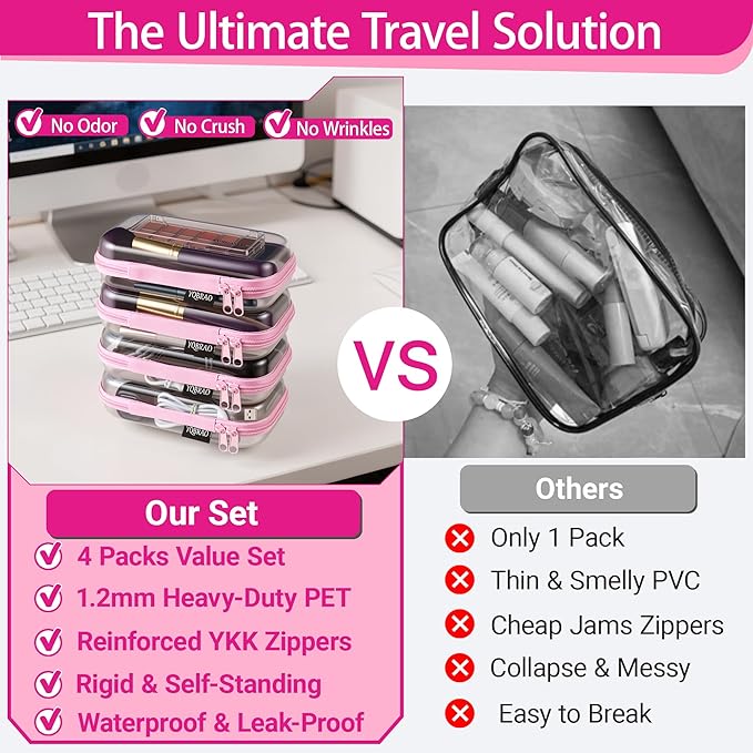 YQBRA 4 Pack Clear Hard Shell Zipper Case, See-Through Hard Plastic Organizer Pouches with Zipper for Travel, Toiletries, Makeup, Electronics & Pencils - Crush-Resistant Storage (S Pink)