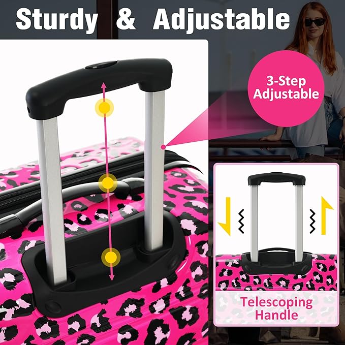 Merax Luggage Sets 3 Piece, Hardside Expandable Suitcase Set with Spinner Wheels, Lightweight Leopard 20+24+28 IN Suitcase with Carry on Luggage, Leopard Hot Pink