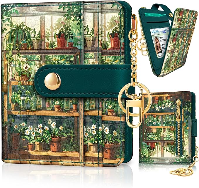 Jogjam Plants Flower Pots Rfid Girls Girly Teen Wallet, Small Slim Thin Compact Travel Credit Card Women Wallet, PU Leather Bifold Cash Zipper Coin Pocket ID Window for Female Ladies Gifts