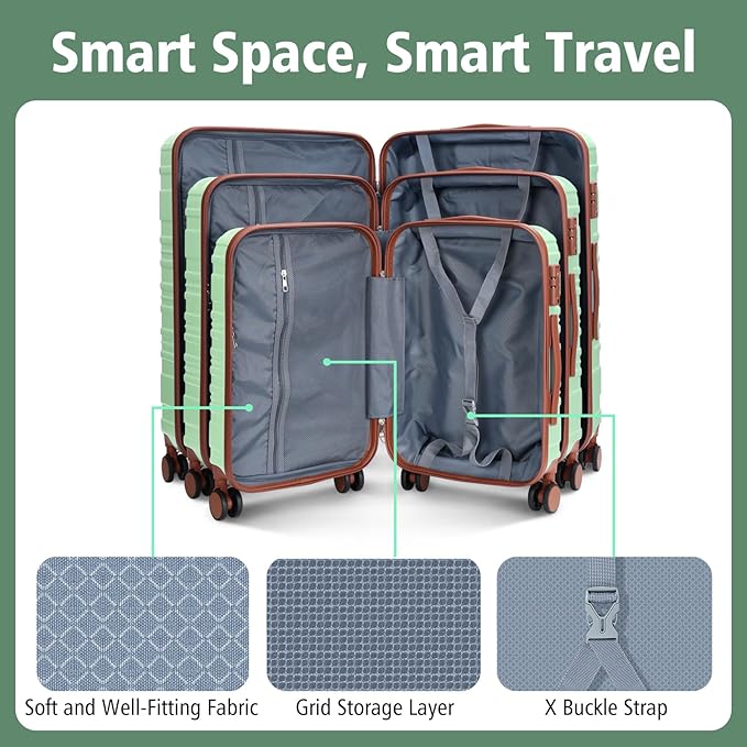 20 Inch Carry on Luggage 22x14x9 Airline Approved Green PC Hardside Double Spinner Wheels Lightweight Suitcase TSA Lock Travel for Men and Women