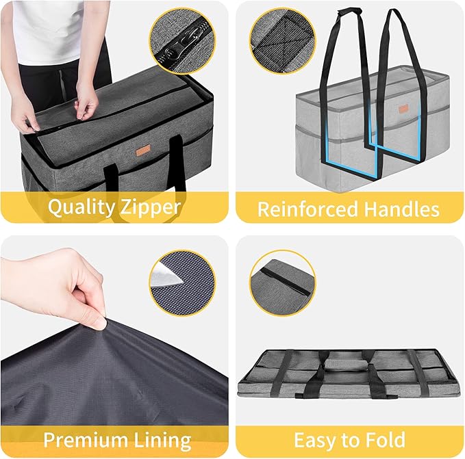 LHZK Stand Up Extra Large Utility Tote Bag with Lid, Utility Tote Bag with Metal Wire Frame and the Sides Rinforced, Reusable Grocery Bags Foldable, Beach Bag, Car Tote (Gray)