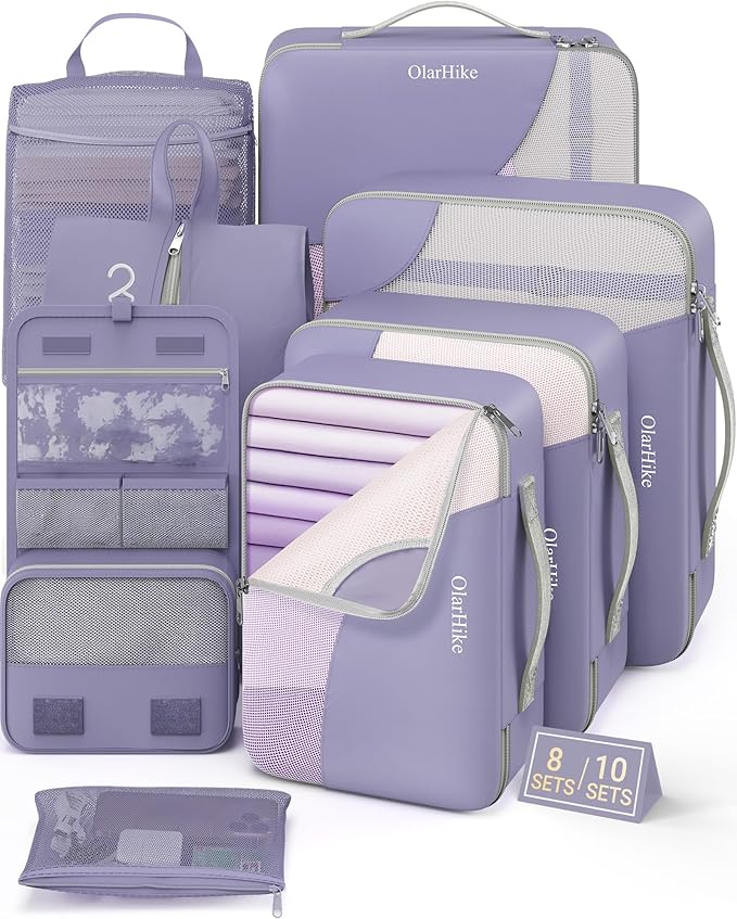 8 Set Packing Cubes for Travel, Gifts for Women Mom,Anti-Tearing Suitcase Organizer for Luggage with Shoe & Hanging Toiletry Bag,OlarHike Vacation Essentials & Accessories for Cruise Ship