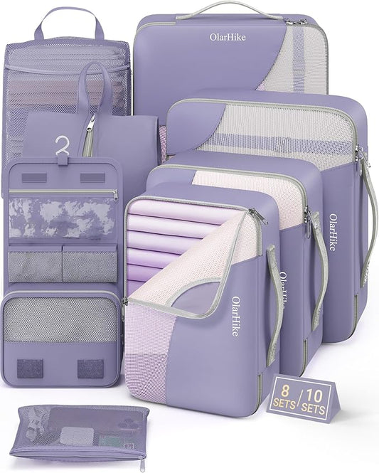 8 Set Packing Cubes for Travel, Gifts for Women Mom,Anti-Tearing Suitcase Organizer for Luggage with Shoe & Hanging Toiletry Bag,OlarHike Vacation Essentials & Accessories for Cruise Ship