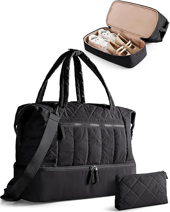 Quilted Duffle Bag with Shoe Compartment and Wet Pocket, Weekender Duffel Bag With Laptop Sleeve and a Separate Pouch for Travel, Gym, Hospital Labor Delivery, Black