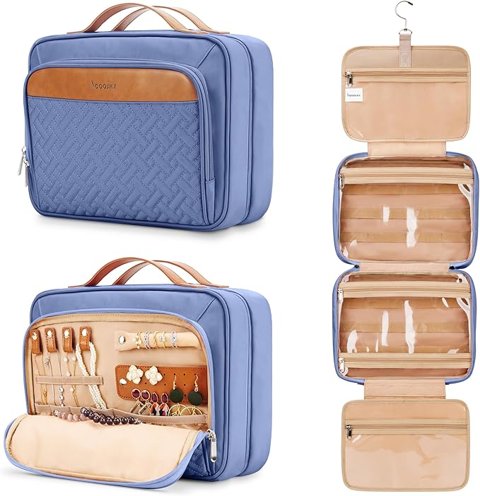 Travel Hanging Toiletry Bag for Women, Cruise Ship Essentials, with Jewelry Organizer, Extra Large Makeup Dopp Kit, Waterproof Cosmetic Bags, Toiletries Kit Set with Trolley Belt, Blue
