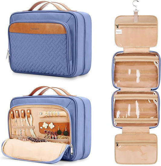 Travel Hanging Toiletry Bag for Women, Cruise Ship Essentials, with Jewelry Organizer, Extra Large Makeup Dopp Kit, Waterproof Cosmetic Bags, Toiletries Kit Set with Trolley Belt, Blue