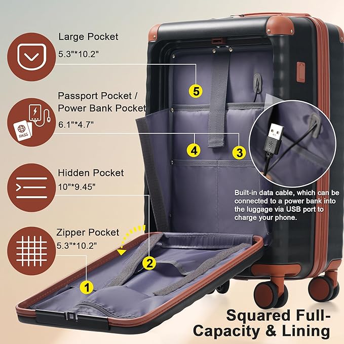 Merax Luggage Sets Front Opening, 3 Piece Hardshell Suitcase with Spinner Wheels and Bags,Lightweight Carry on Luggage with USB Port and Cup Holder,20+24+28,Black and Brown