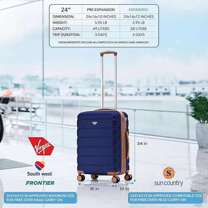 Flight Knight 24x16x10 Expandable Carry On Suitcase Hardside TSA Lock USB C Lightweight Luggage Silent Double Spinner Wheels Maximum Overhead Carry-On Bag For Virgin South West Approved Navy/Tan