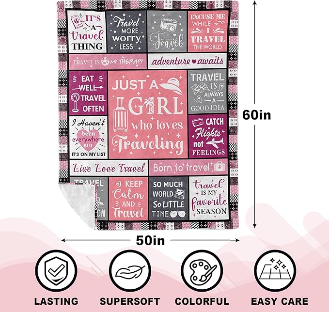 Unique Travel Gifts for Women/Girls, Cute Travel Accessories/Essentials for Vacation, Best World Traveler Favor, Presents for People Who Love Traveling Blanket 60x50inches