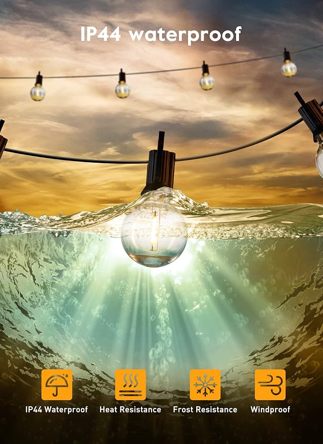 Brightown Outdoor String Lights, 58FT 25 Shatterproof LED Bulbs with Remote and Zip Ties, Waterproof Dimmable Patio Hanging Lamps for Porch, Balcony, Bistro, Cafe, Deck, Backyard