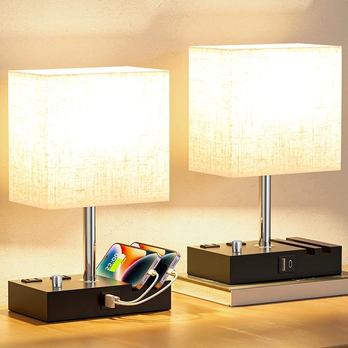 Beige Bedside Table Lamps Set of 2 - Dimmable, USB C+A, 2 AC Outlets | Dimming By Rotary Knob, USB C+A Ports, 2 Phone Stands, LED Bulbs Included, Rectangle Beige Lampshade, for Living Room, Desk