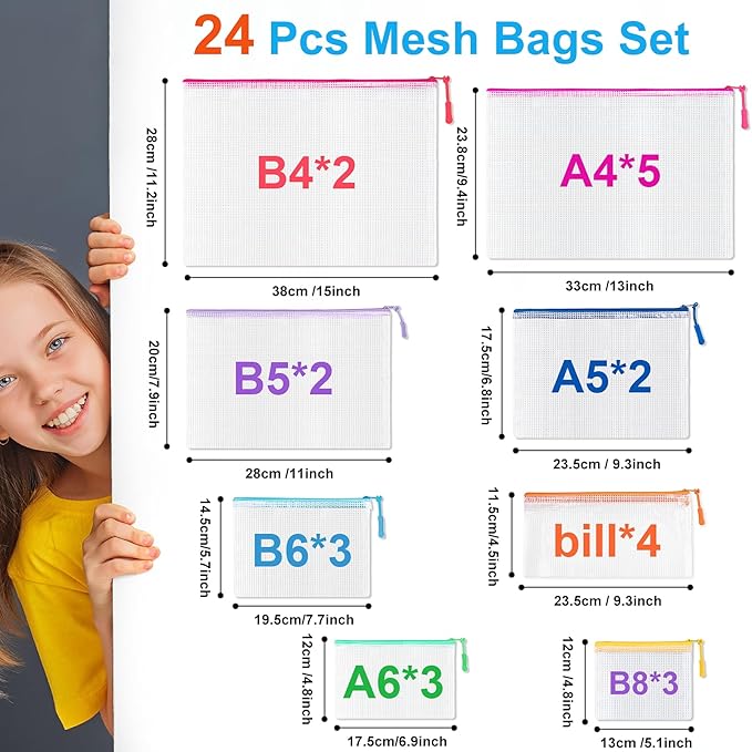 24 Pcs Mesh Zipper Pouch Bags, Plastic Zipper Pouches for Classroom in 8 Sizes, Waterproof Mesh Zipper Bags for Organizing, Clear Zipper Pouches for Organizing, Travel, Office Supplies