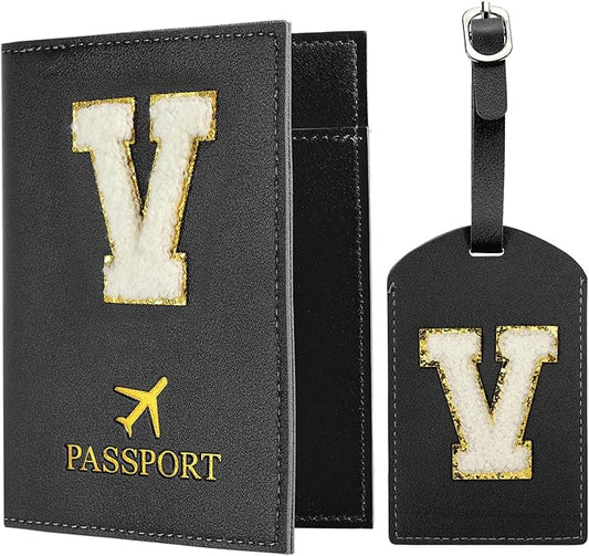 PATIKIL Passport Holder for Travel, Initial Passport Cover and Luggage Tag Set with Alphabet Chenille Letter Patch Travel Wallet Bag Suitcase Identifier for Women Family Travel Black V
