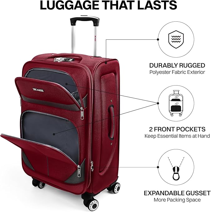 28" Large Softside Expandable 15% Checked Luggage with Double Spinner Wheels LOCK,Lightweight Travel Suitcase for Men/Women（Burgundy-Grey,28in）