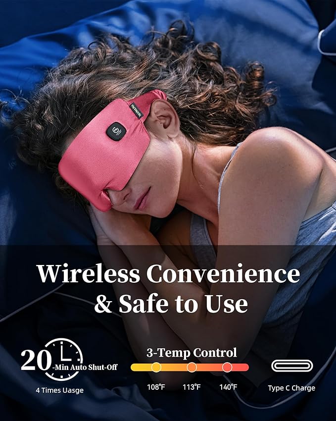 Heated Eye Mask for Dry Eyes - Silk Cordless Warm Eye Compress Moist Heat, Eye Heating Pad for Stye Treatment, Tired Eyes, Sleep, Travel, Washable, Rechargeable, Pink