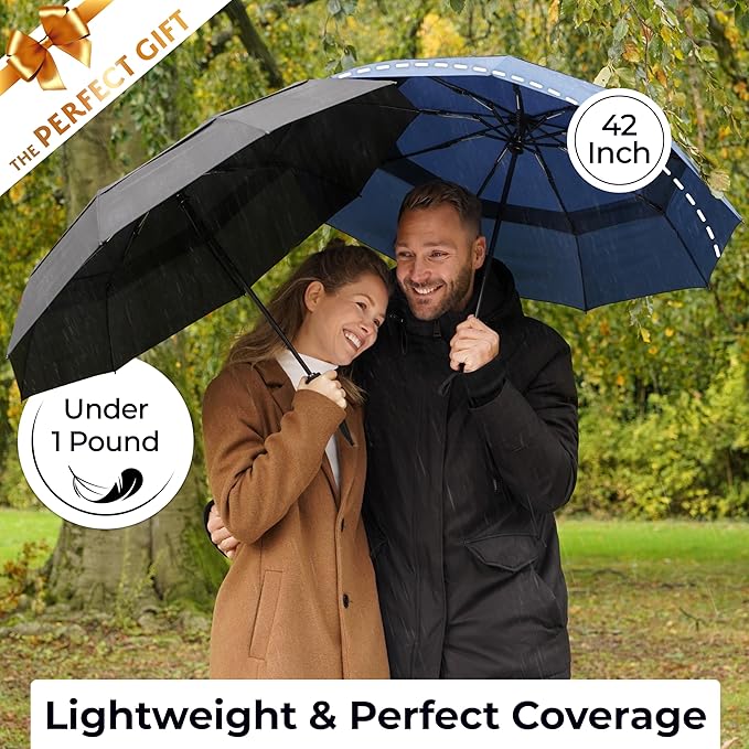 TUMELLA Strongest Windproof Travel Umbrella (Compact, Superior & Beautiful), Small, Wind-Tested, Light & Portable, Automatic Folding Rain Umbrella, Durable Premium Grip, Fits Car and Backpack