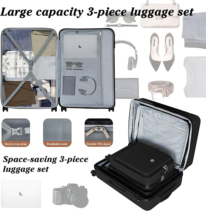 Classic 3-Piece Luggage Set with TSA Lock, PC+ABS Durable Lightweight Suitcase with Spinner Wheels, Hardshell Expandable Carry-On Luggage for Business Family Travel, 20/24/28 inch, Black