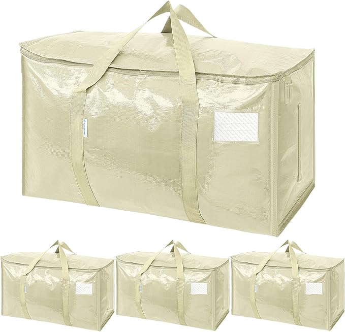 TICONN 4 Pack Extra Large Moving Bags Heavy Duty with Zippers & Carrying Handles, Durable Storage Bags Moving Boxes for Closet Organizers and Storage (4 Pack, Cream)