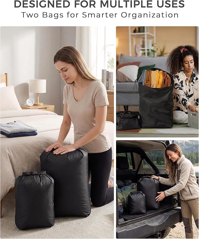 Travel Laundry Bag, Pump-Free Vacuum Compression Dirty Clothes Bag, Reusable Waterproof & Washable Laundry Bag, Wet and Dry Bag, Ideal for Suitcases, Road Trip Essentials (2 Pcs, M+L) Black