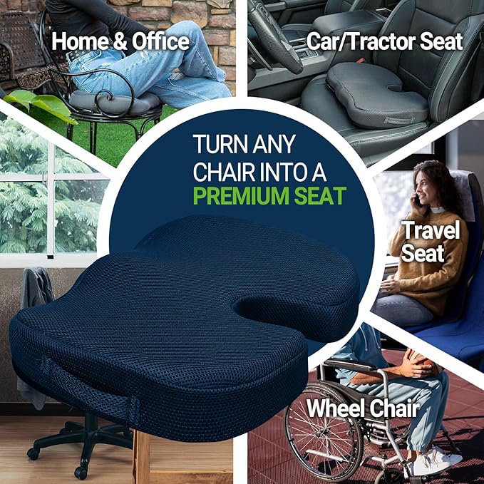 Season Guard Tailbone Pain Relief Office Chair Seat Cushion, Memory Foam Gel Seat Cushion for Sciatica Pain Relief with Washable Cover, Butt Cushion for Long Sitting, Mesh, Blue