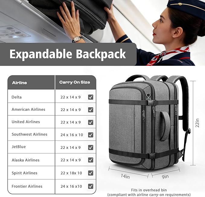 Spacious Carry On Backpack,Expandable Large 1-7DAYS Capacity Travel Backpack with USB Cable Port,Fits 18.4" Laptop,Anti Theft Water Resistant Work Backpack for Men Women,Extended Travel Work,Grey